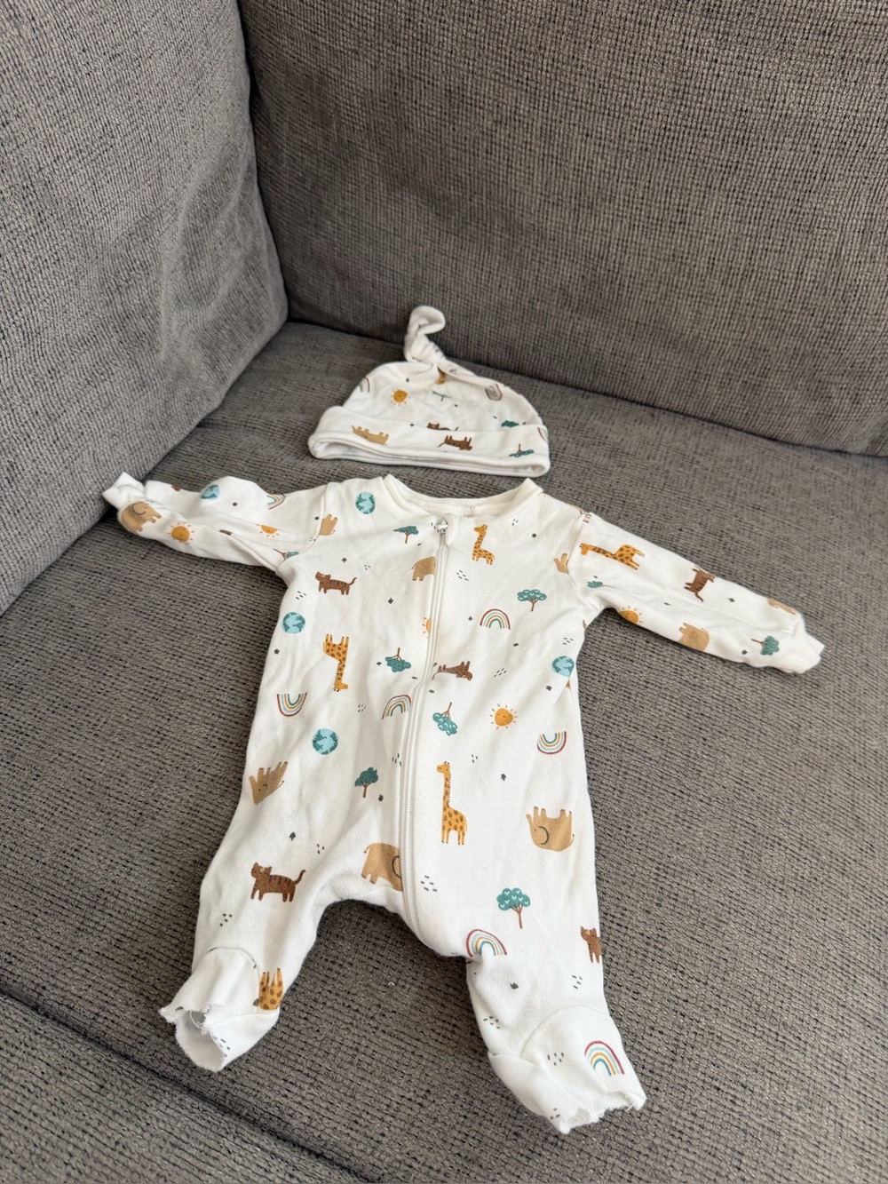 George Cream One-Piece Footie with Animal Print and Matching Knot Hat